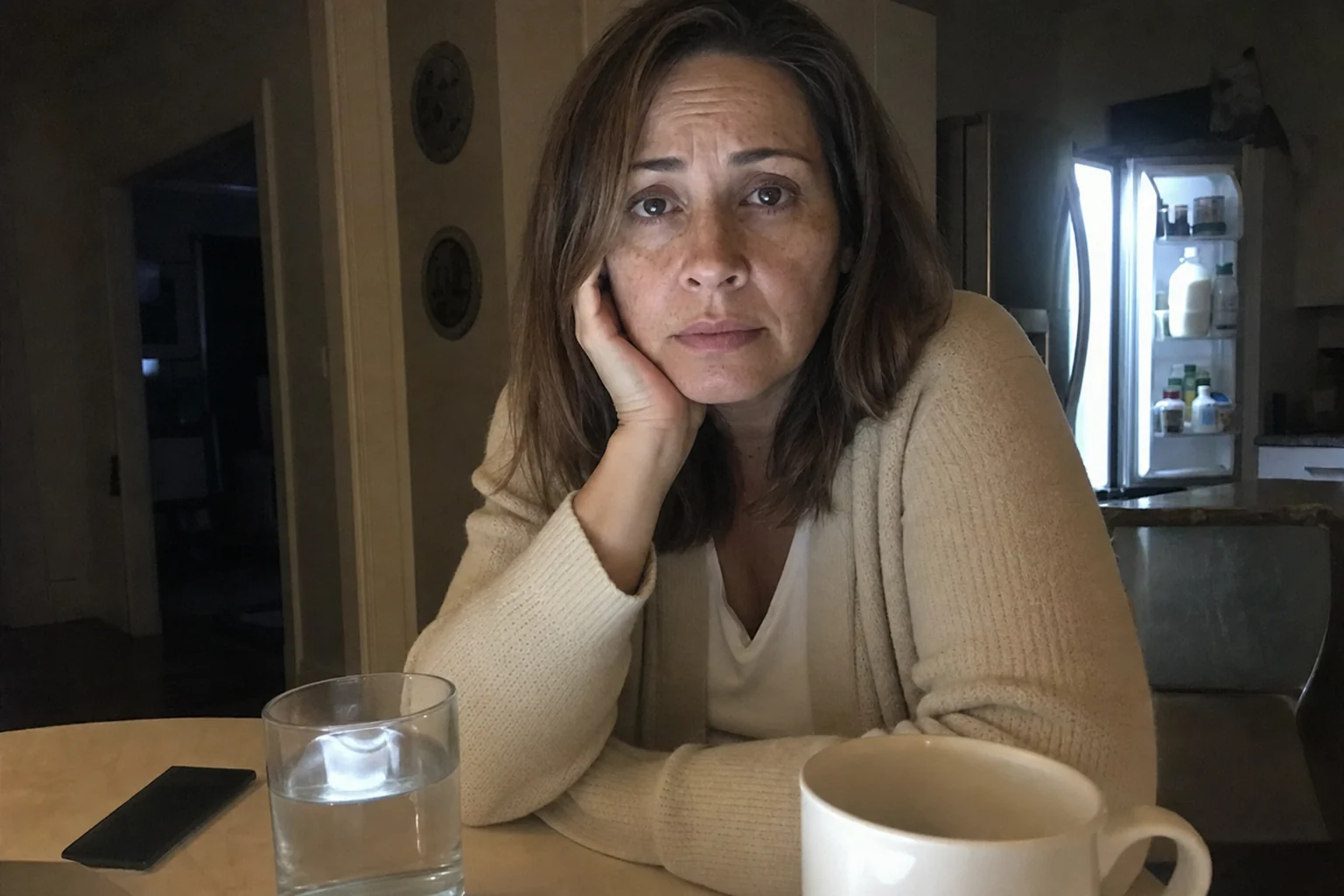 Megan awake at the kitchen table at night